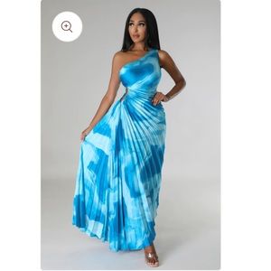 Monae One Shoulder Pleated Midi Dress Multi Blue NWT medium